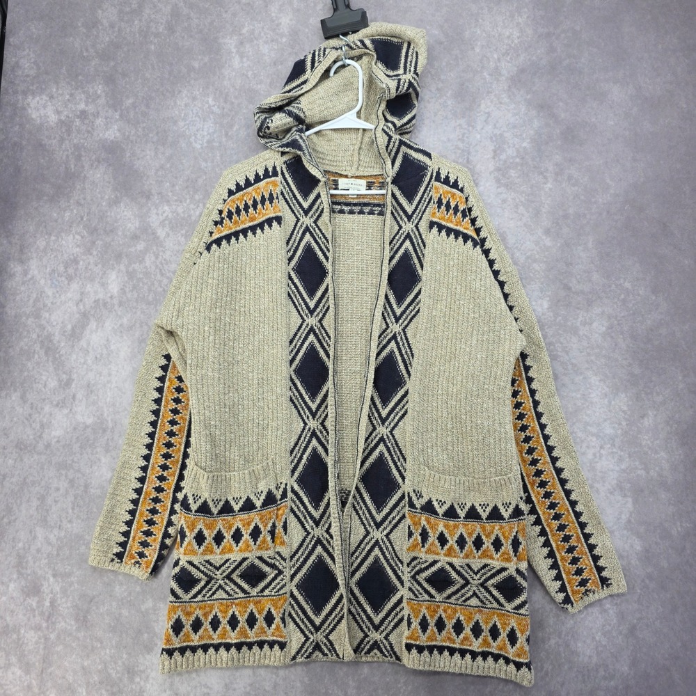Lucky Brand Womens Southwestern Hooded Cardigan Sweater Beige Navy Orange Large